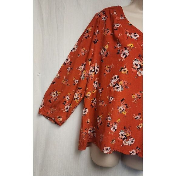 St John Bay V-Neck 3/4 Sleeve Floral Multi-color Orange Blouse Size Large - Picture 4 of 7